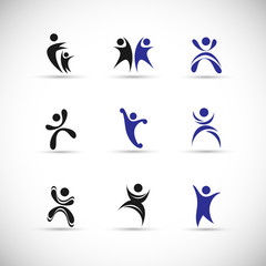 Abstract People Logo Set. Human Figure Isolated On Gray Background. Icons Collection For Human Success, Celebration Logo, Achievement Symbol And Activity. Different Happy People. Figure Logo, Vector