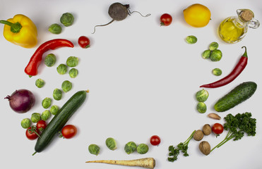 Homegrown vegetables. Fresh organic vegetables. Vegetables from the garden. Colorful vegetable. Healthy vegetable. isolate. copyspace. frame