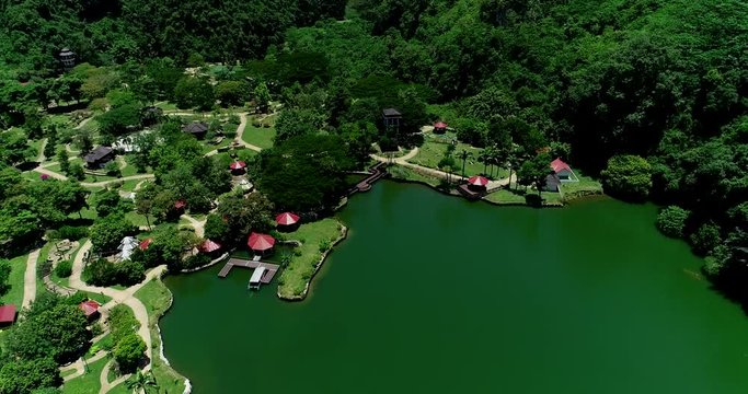 Aerial view of Gunung Lang Recreational Park, located in Ipoh City, Perak, MALAYSIA. Besides the park, Gunung Lang Recreational Park has a beautiful lake and limestone hills. (111.93 hectares)