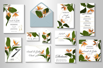 Wedding invitation with Strelitzia  flowers. Vector watercolor.  Vector illustration. 