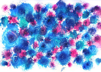 Abstract watercolor background from spots with a concentric pattern, fantastic flowers, fireworks or stars, hand-drawn in blue, purple and pink colors.