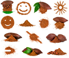 Collection of cocoa pod, cacao beans, cocoa powder and green leaves isolated on a white background.