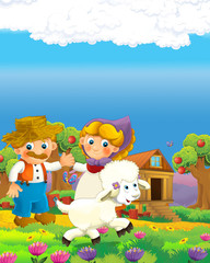 cartoon scene with happy farmer man and woman on the farm ranch illustration for the children