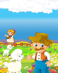 Fototapeta na wymiar cartoon scene with happy farmer man and woman on the farm ranch illustration for the children