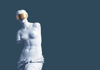 3D Model Aphrodite With Golden Virtual Reality Glasses On Blue Background. Concept Of Art And Virtual Reality. - 307950258