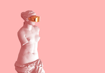 3D Model Aphrodite With Golden Virtual Reality Glasses On Pink Background. - 307950285
