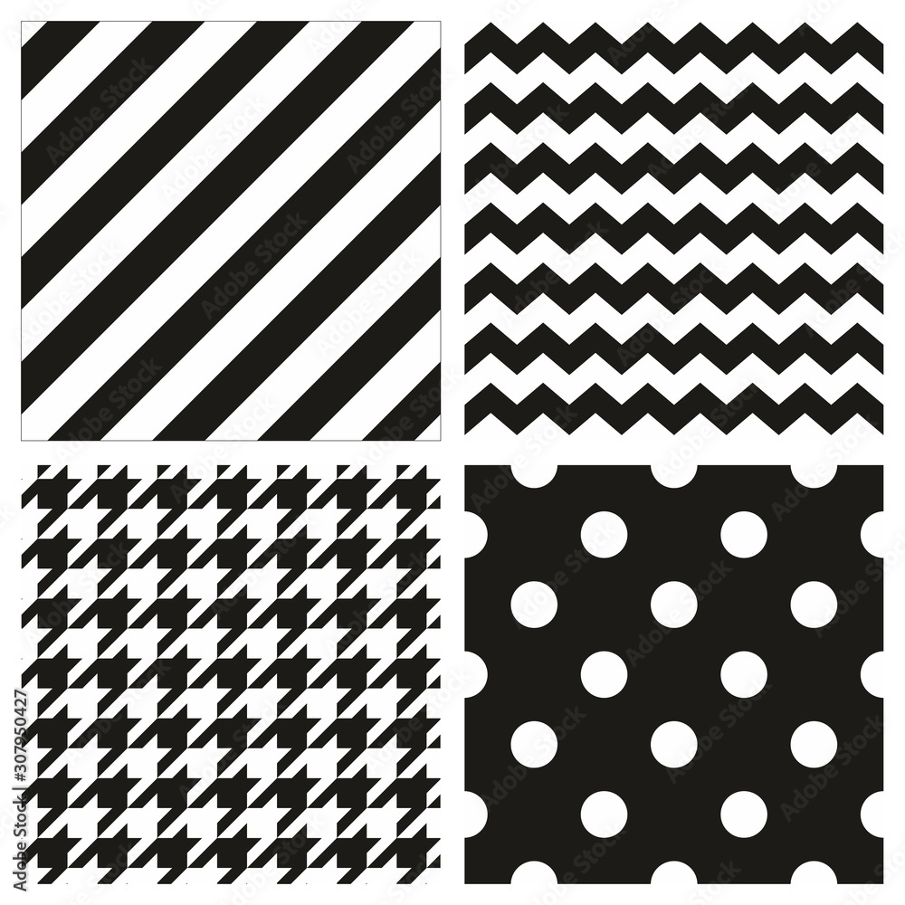 Poster seamless black and white vector pattern or tile background set with polka dots, zig zag and hounds t