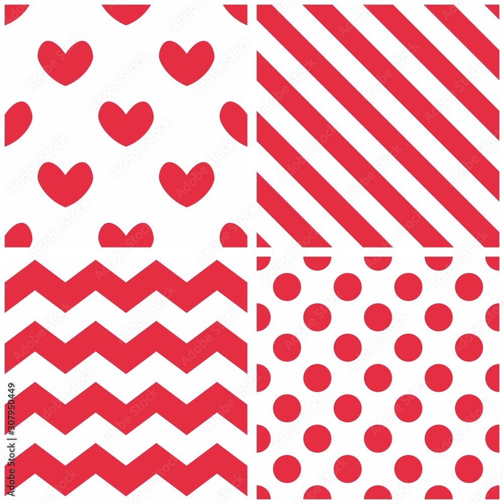 Poster tile vector pattern set with red polka dots, stripes, zig zag print and hearts on white background