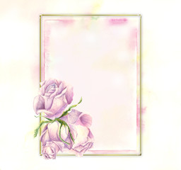 Watercolor background with roses and frame. Hand painted gradient and metall elements for menu, wedding invitations or cards design