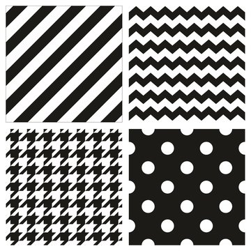Seamless black and white vector pattern or tile background set with polka dots, zig zag and hounds tooth print