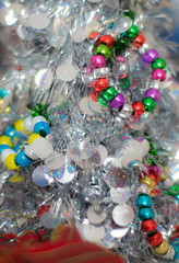 Christmas decorations close up in detail on a homemade Christmas tree.
