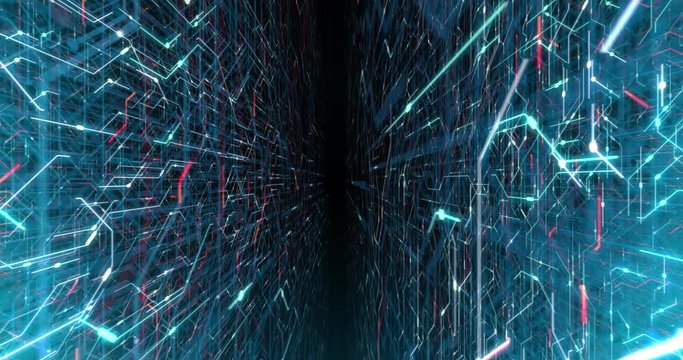 4K seamless loop abstract futuristic electronic circuit board. Electrical signals flowing in electrical conductors PCB. neural network and big data. artificial intelligence, matrix. 3D render