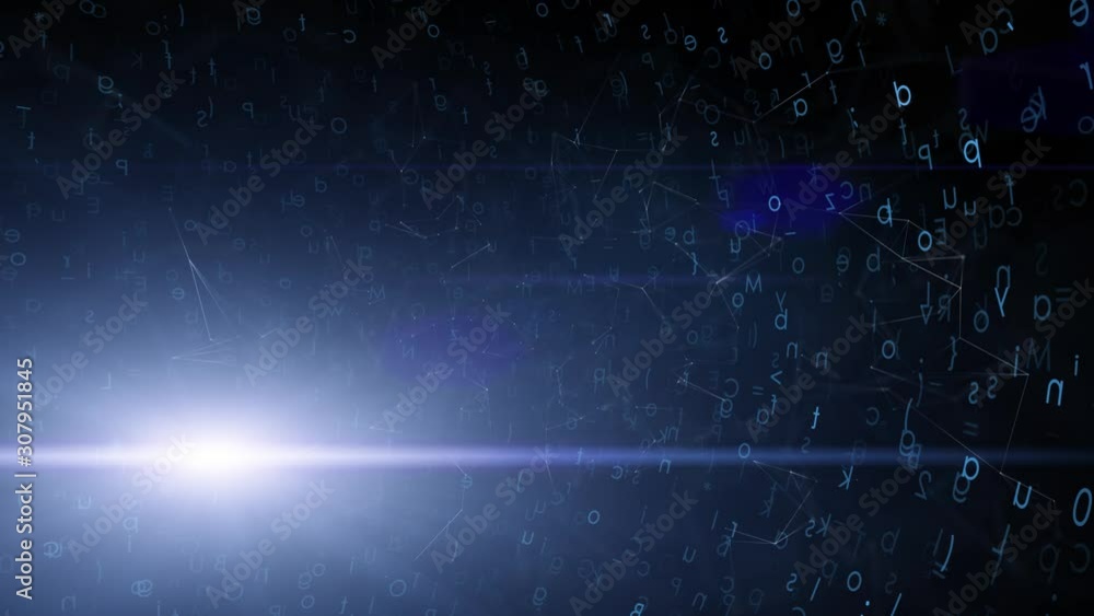 Poster artistic alphabet symbols data rotation in 3d cyberspace animation background.