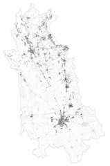 Satellite map of province of Novara, towns and roads, buildings and connecting roads of surrounding areas. Piedmont, Italy. Map roads, ring roads