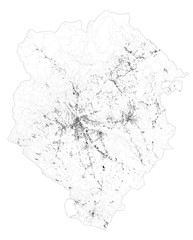 Satellite map of province of Biella, towns and roads, buildings and connecting roads of surrounding areas. Piedmont, Italy. Map roads, ring roads