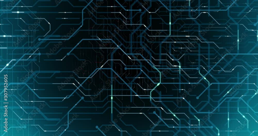 Poster 4k seamless loop abstract futuristic electronic circuit board. electrical signals flowing in electri