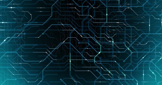 4K seamless loop abstract futuristic electronic circuit board. Electrical signals flowing in electrical conductors PCB. neural network and big data. artificial intelligence, matrix. 3D render