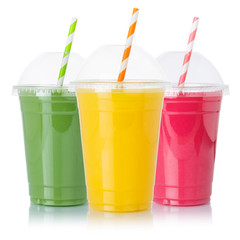Collection of fruit smoothies fruits orange juice straw drink in cups isolated on white
