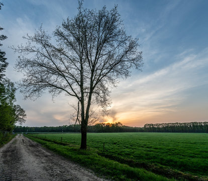 Sunset over the forests of the Veluwe near Loenen with fields on foreground being crossed by museum railway line of VSM