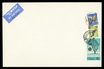 Luftpost airmail Kenia Kenya Umschlag envelope vintage retro Briefmarken stamps gestempelt used Affe Baum Sable Antilope Bushbaby Löwe