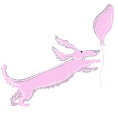 Funny pink dog runs after a balloon. Graphic element. Vector, isolated.