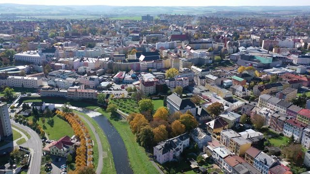 Aerial view of historical Silesian city of Opava on sunny autumn day, Czech Republic