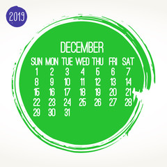 December year 2019 monthly calendar