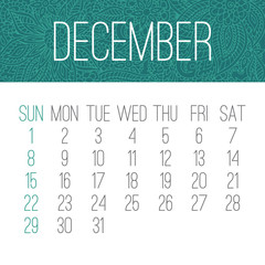 December year 2019 monthly calendar