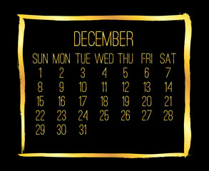 December year 2019 monthly golden calendar