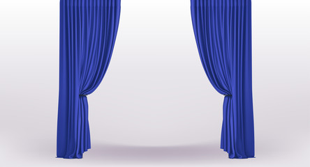 Background with straight luxury blue curtains and with holder and draperies
