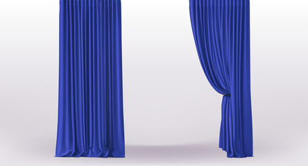 Background with luxury blue curtains with holder and draperies