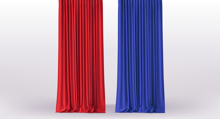 Background with collection of straight luxury red and blue curtains and draperies