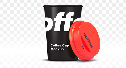 black cup of coffee with red cap, mockup vector illustration