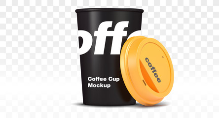 black cup of coffee with yellow cap, mockup vector illustration