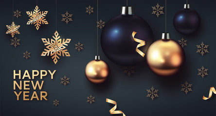 gold and black christmas balls with gold stars and big golden snowflake. vector background for happy new year and christmas.