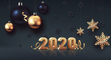 Happy New Year 2020. Gold 3D-numbers with ribbons and confetti on dark background. Gold and black Christmas balls with big golden snowflake. Vector illustration