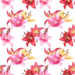Seamless floral pattern, lily bouquet, elegant lilies on an isolated white background, watercolor painting. Fabric wallpaper print texture.