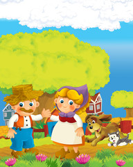 cartoon scene with happy farmer man and woman on the farm ranch illustration for the children