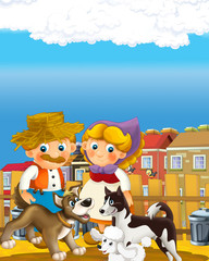 cartoon scene with happy farmer man and woman in the city illustration for the children