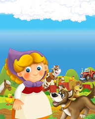 cartoon scene with happy farmer woman on the farm ranch illustration for the children