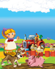 cartoon scene with happy farmer woman on the farm ranch illustration for the children