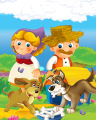 cartoon scene with happy farmer man and woman on the farm ranch illustration for the children