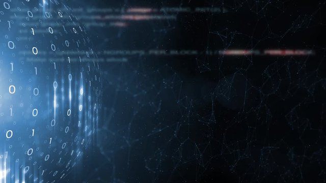 Shiny binary data globe with blurry computer code animation. Concept business cyberspace background.