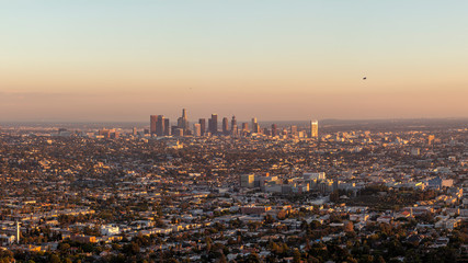 Fototapeta premium Los Angeles Downtown Skyline at Sunset - High Quality Panoramic
