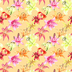 Seamless floral pattern, red yellow orange pink lilies, watercolor painting, stock illustration. Fabric wallpaper print texture.