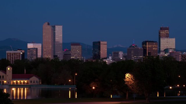Denver Skyline Skyscrapers Smooth Sunrise Time Lapse Zoom Out