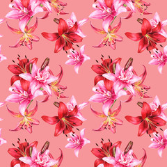 Seamless floral pattern, lily bouquet, elegant lilies on pink background, watercolor painting, stock illustration. Fabric wallpaper print texture.