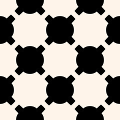 Vector geometric staggered texture, modern minimalist seamless pattern with rounded shapes, circles, crosses in checkered grid. Abstract repeat monochrome background. Black and white design element