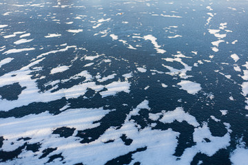 Ice on the river. Texture of ice in winter without snow.