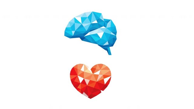 Connection between logic and emotion concept. Polygonal style of  Brain and heart. Animation for health care concept.